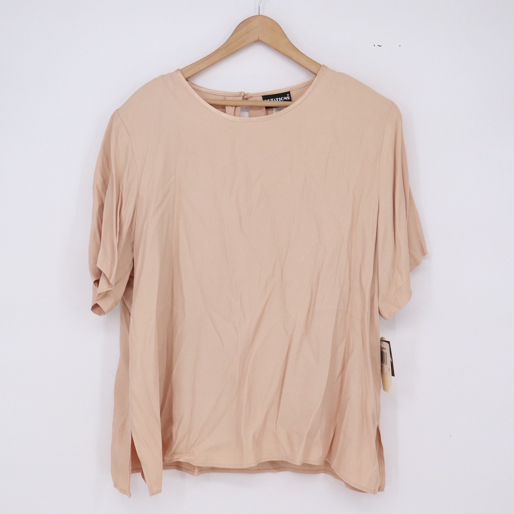 Notations Blouse Womens 2X Taupe Side Slit Short Sleeve Crew Neck NEW